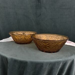 Vintage Pair of Large Amber Glass Bowls with Sandwich Design
